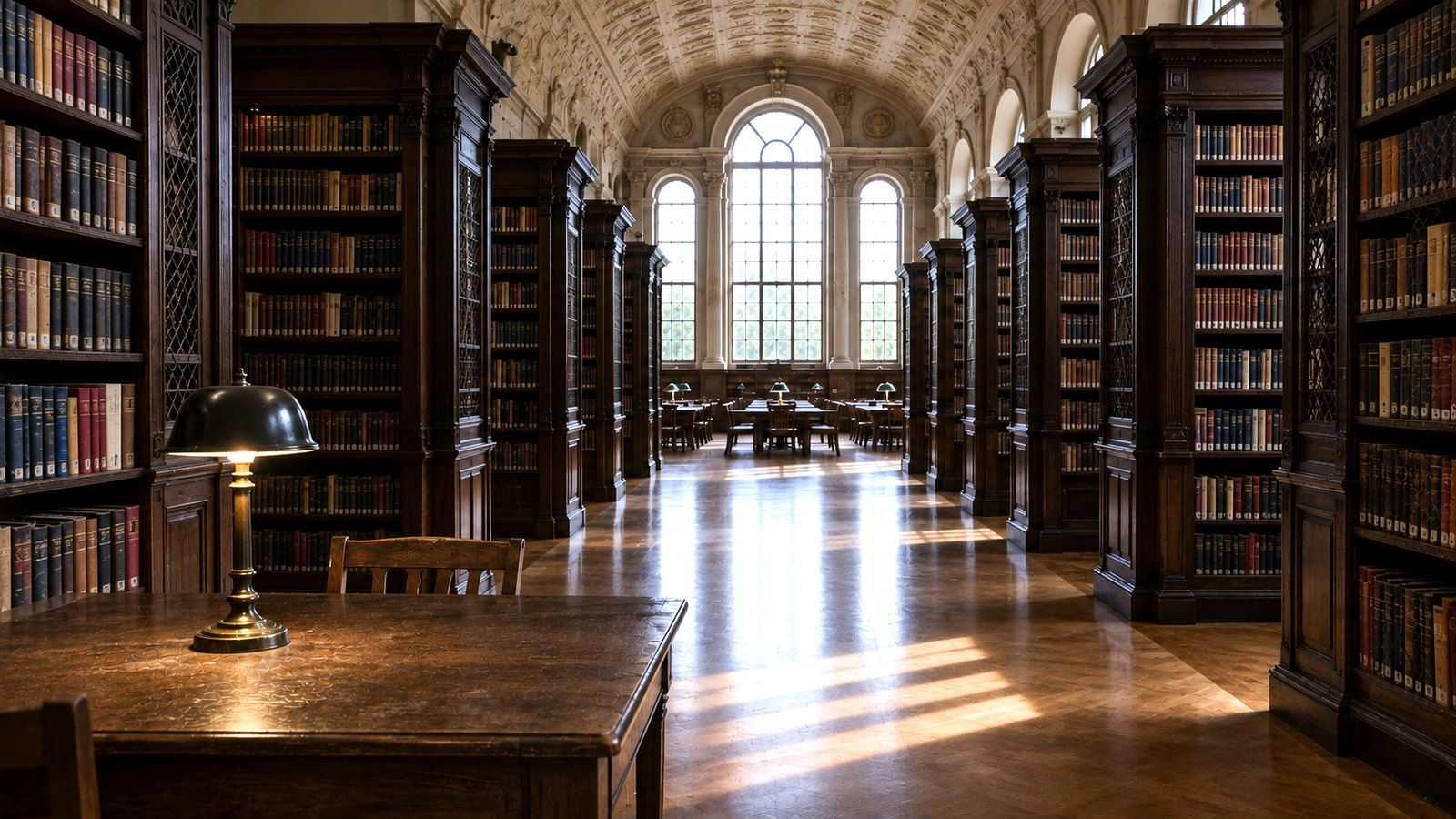 Sala di lettura di una biblioteca storica, scaffali fino al soffitto e una finestra ad arco, immagine d'insegna della sezione Cultura